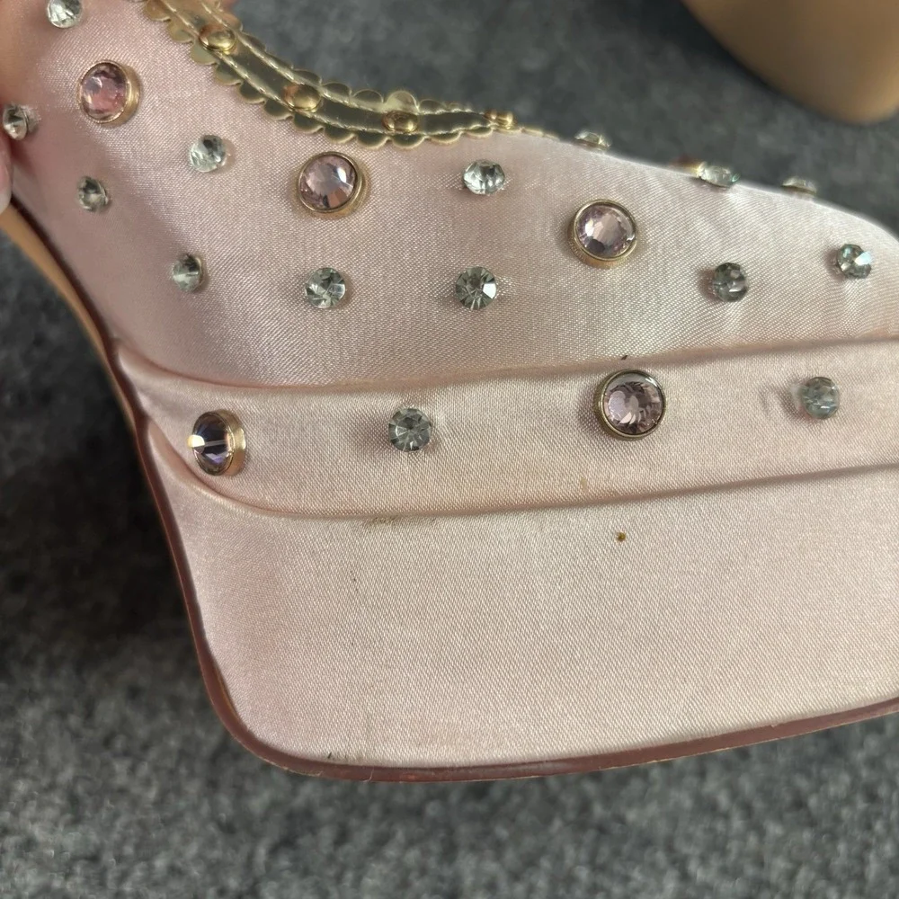 Azalea Wang Clea Satin Bejeweled  Pink Platform Heels 9
